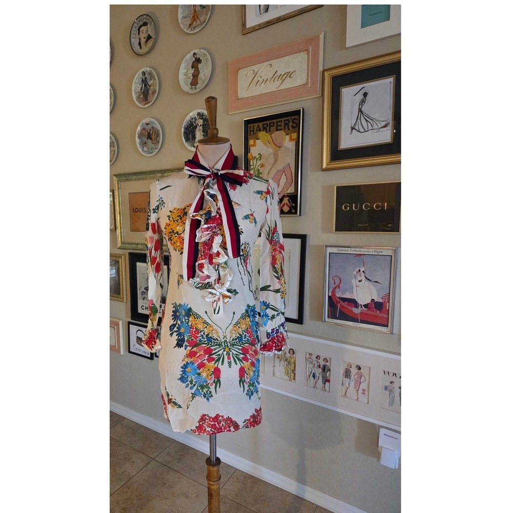 Gucci Silk Floral Butterfly Print Ruffle Bow Mini Dress 434347 Ivory S - Picture 2 of 9